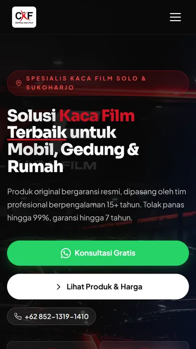 Tampilan situs Central Kaca Film Solo Sukoharjo di layar HP
