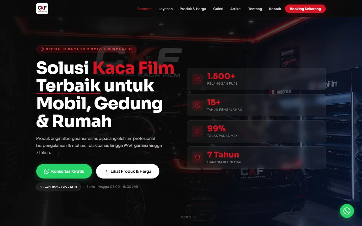 Tampilan situs Central Kaca Film Solo Sukoharjo di layar komputer