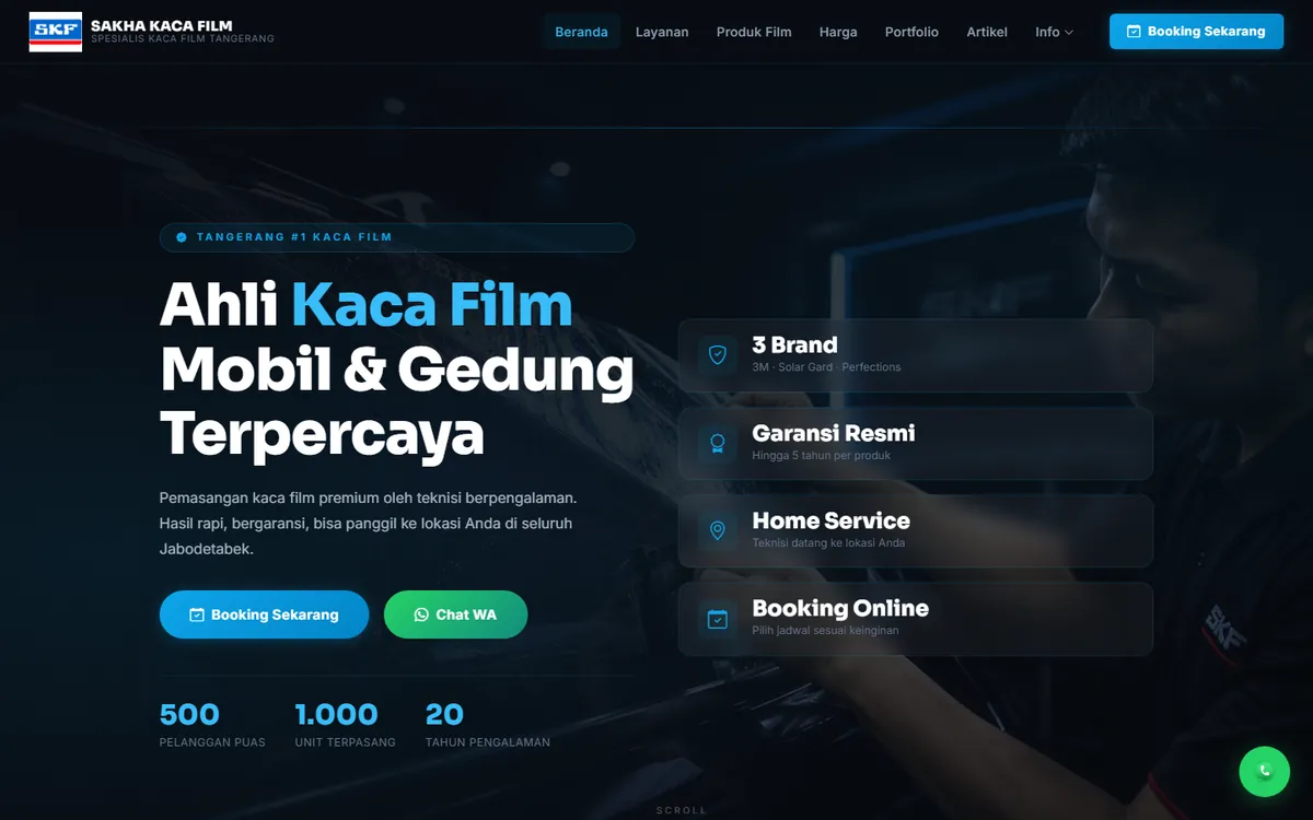 Tampilan situs SKF Sakha Kaca Film di layar komputer